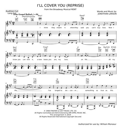 I Ll Cover You Reprise Jonathan Larson Sheet Music For Piano