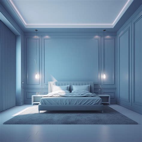 Empty modern, minimal and luxury Light Blue bedroom dynamic lighting ...