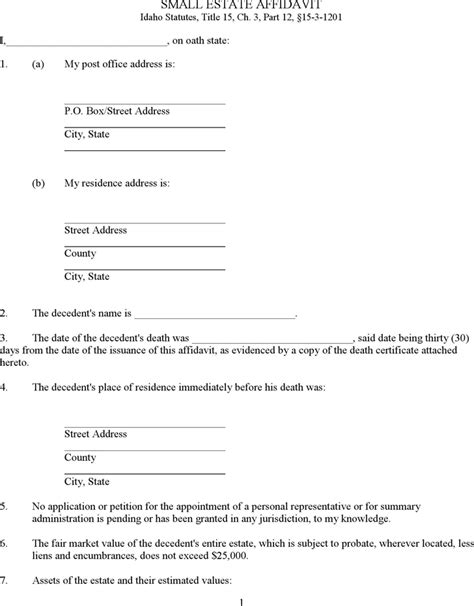 Free Idaho Small Estate Affidavit Form PDF 7KB 3 Page S