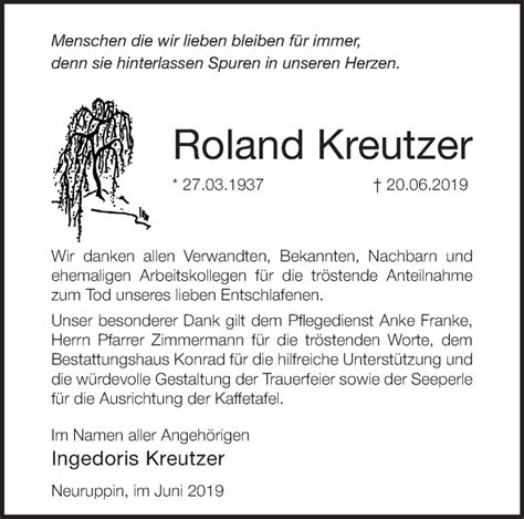 Traueranzeigen Von Roland Kreutzer M Rkische Onlinezeitung Trauerportal