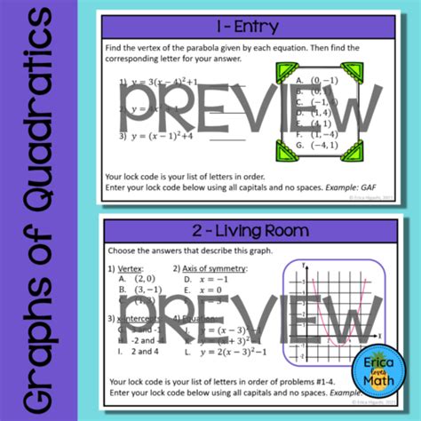 Graphs Of Quadratic Functions Escape Room Activity Digital Printable