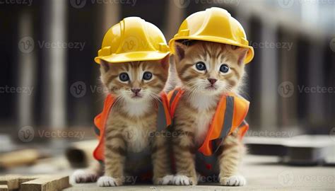 AI generated Two kittens wearing hard hats on a construction site ...