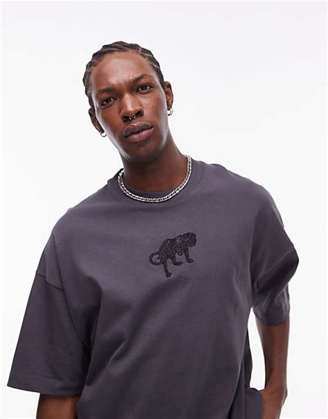 Topman Premium Extreme Oversized Fit T Shirt With Front And Back Embroidered Leopard In Charcoal