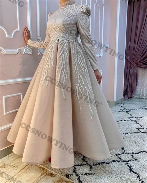 Organza Appliques Beaded Long Sleeve Hijab Muslim Evening Dresses