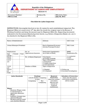 Fillable Online Checklist For Labor Inspectors Fax Email Print Pdffiller