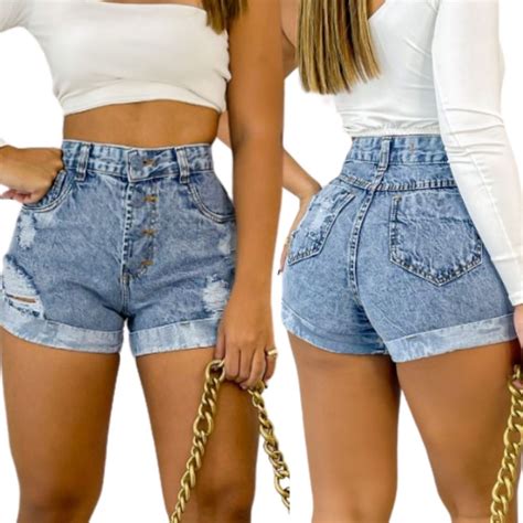 Bermudas Jeans Femininas Plus Size Cintura Alta Vai até o Umbigo