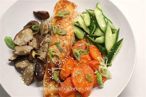 Brown Rice Bowl With Vegetables And Salmon Sheet Pan Dinner A Feast For The Eyes