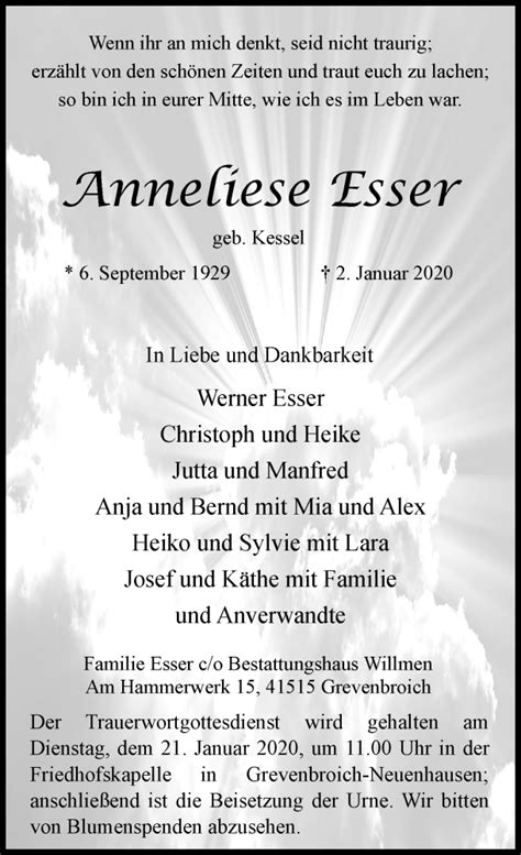 Alle Traueranzeigen für Anneliese Esser trauer rp online de