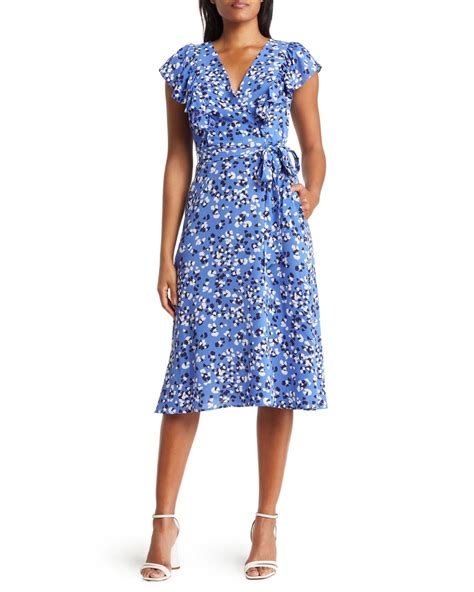 Eliza J Surplice Flutter Sleeve Fit And Flare Dress In Blue Lyst