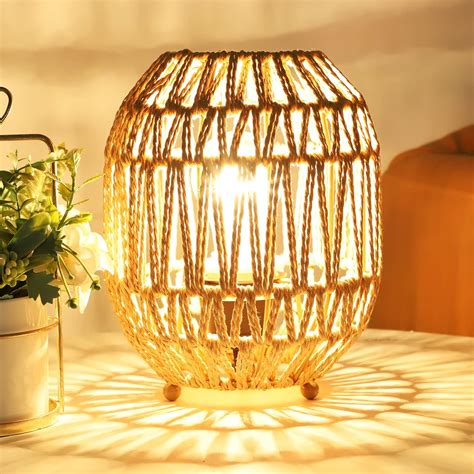 Capslpad Rustic Boho Rattan Table Lamp Dimmable Handmade Woven Small