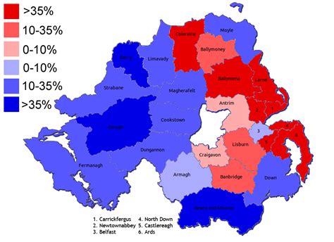 Map Of Northern Ireland Showing The Difference Between Percentage Of