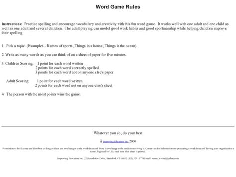 Word Game Rules Worksheet for 3rd - 4th Grade | Lesson Planet