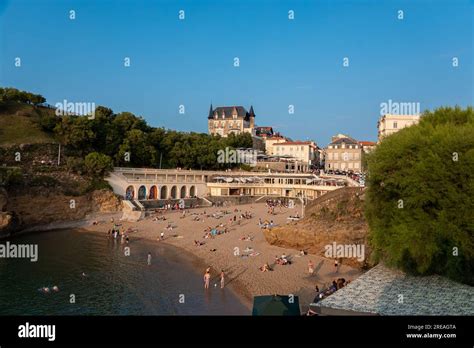 Biarritz beach "Plage du Port Vieux" full of people bathing and ...