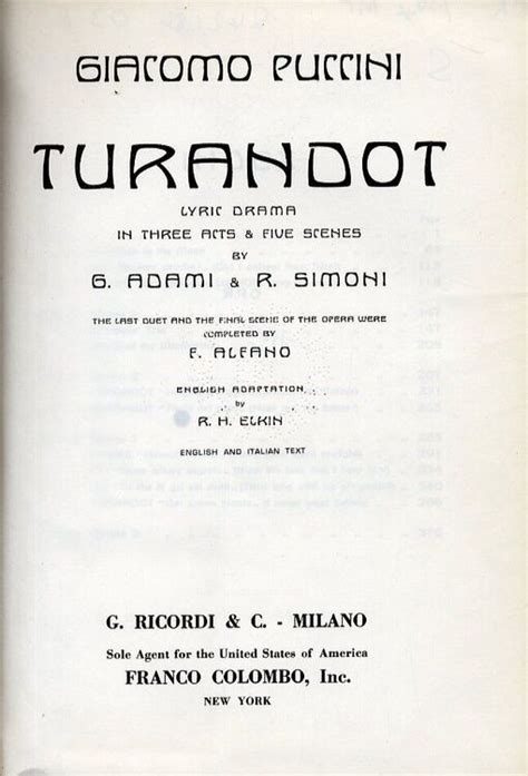 Puccini Turandot Lyric Drama In Three Acts And Five Scenes Vocal