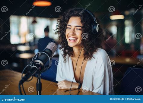 A Woman Seated At A Microphone Wearing Headphones Preparing To Record