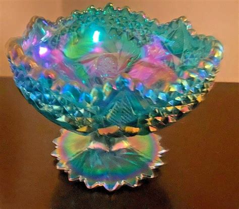 Mavin Fenton Amethyst Carnival Glass Compote Footed Bowl Candy Dish Starburst Pinwheel