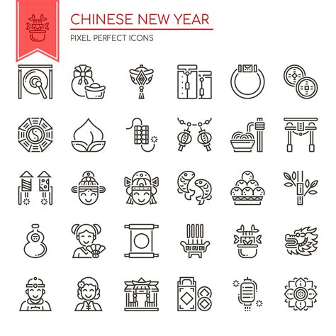 Set of Black and White Thin Line Chinese New Year Icons 667969 Vector ...