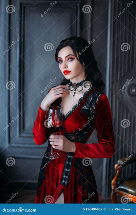 Beautiful Young Woman Vampire In Medieval Dark Castle Red Gothic