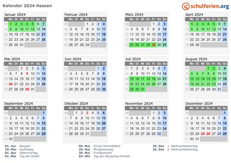 Kalender 2024 Ferien Hessen Feiertage