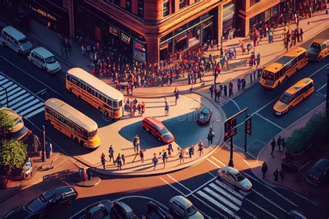 Busy City Street Intersection With People Cars And Buses Moving In