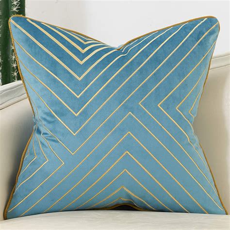 Avigers 18 X 18 Inch Grey Blue Gold Striped Geometric Lines Embroidery Velvet