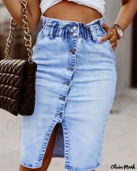 Olivia Mark High Waisted Denim Skirt With Button Fly Denim Skirt