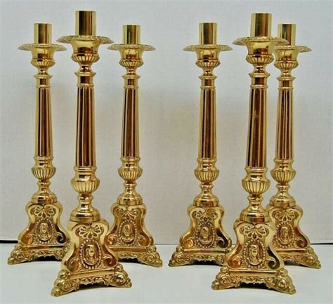 SET OF SIX 6 BRASS JMJ ALTAR CANDLESTICKS WITH RIDGED STEMS 360