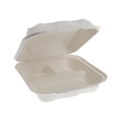 8 X 8 X 3 PFAS Free Compostable Fiber Blend 3 Compartment Hinged Lid