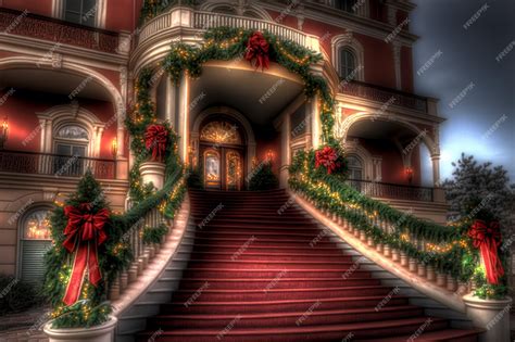 Premium AI Image | A christmas card for a mansion with a staircase and ...