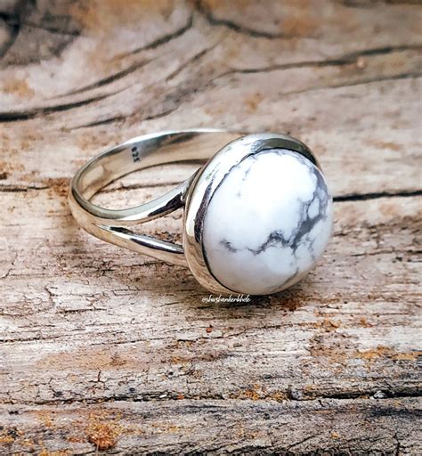 White Howlite Ring Silver Ring Round Stone Ring White Etsy