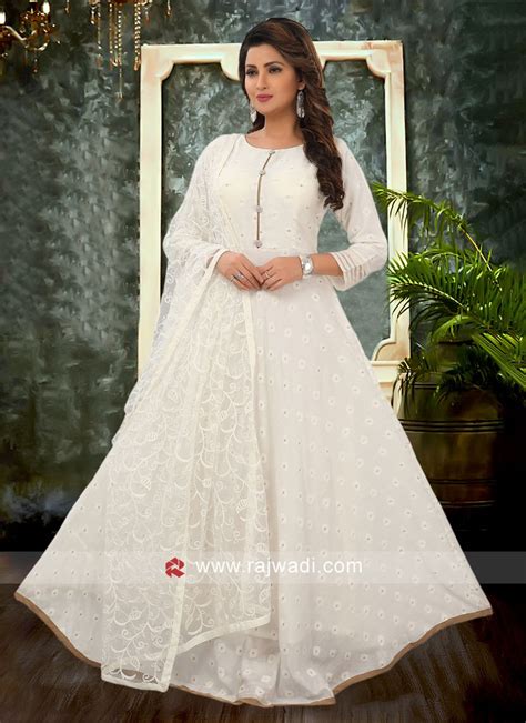 White Anarkali Suit With Embroidered Dupatta