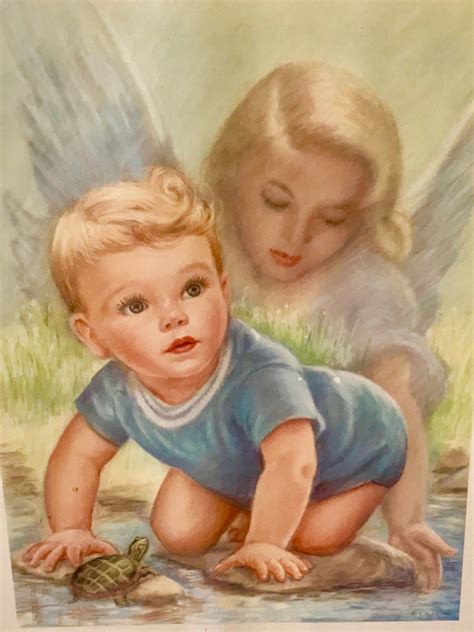 A VERY CUTE VINTAGE 1950 S FRAMED PASTEL ART PRINT HIS GUARDIAN