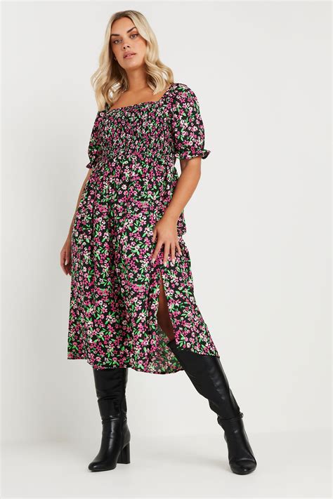 Yours Plus Size Black And Pink Ditsy Floral Print Shirred Midaxi Dress