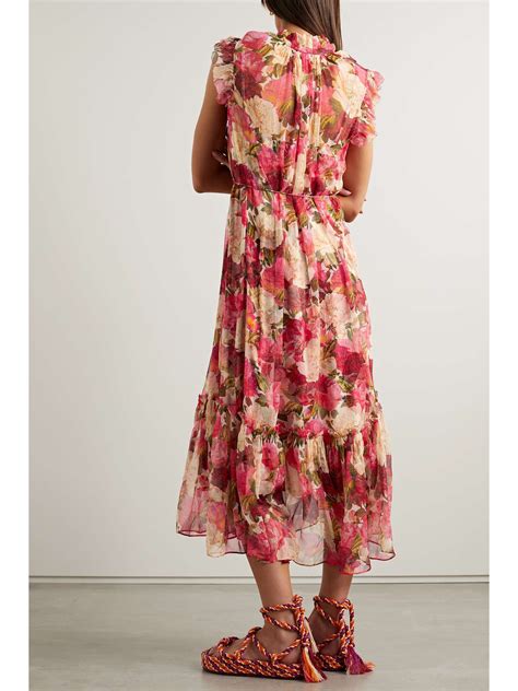 Zimmermann Wonderland Belted Floral Print Silk Crepon Midi Dress Net