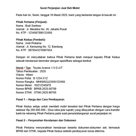 contoh surat jual beli mobil lengkap  tips   membuatnya
