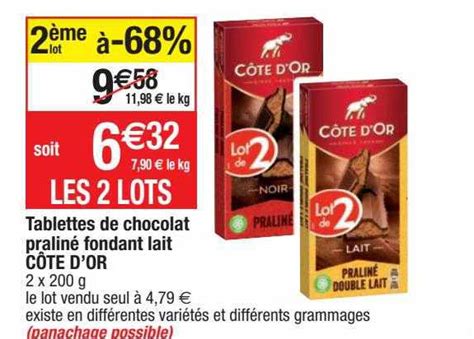 Promo Tablettes De Chocolat Praliné Fondant Lait Côte D or chez Cora