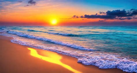 A Beautiful Sunset On A Beach With Waves Crashing Against The Shore