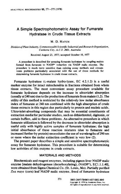 Pdf A Simple Spectrophotometric Assay For Fumarate Hydratase In Crude Tissue Extracts