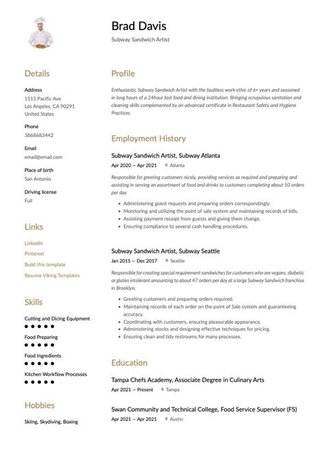 Subway Sandwich Artist Resume Examples & Guide | Free Downloads