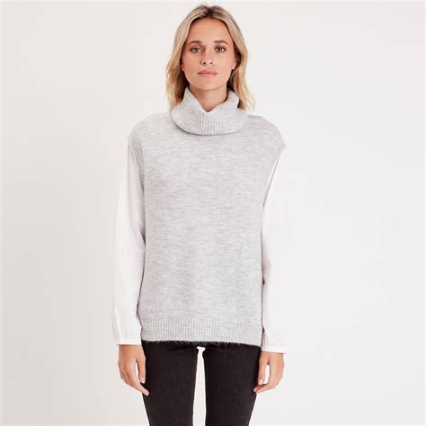 Pull 2 en 1 col roulé gris clair femme Cache Cache