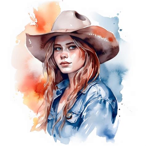 Premium Photo Watercolor Hand Painted Cowgirl In A Hat