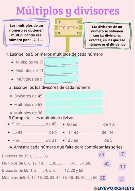 M Ltiplos Y Divisores N Meros Primos Worksheet In French Words