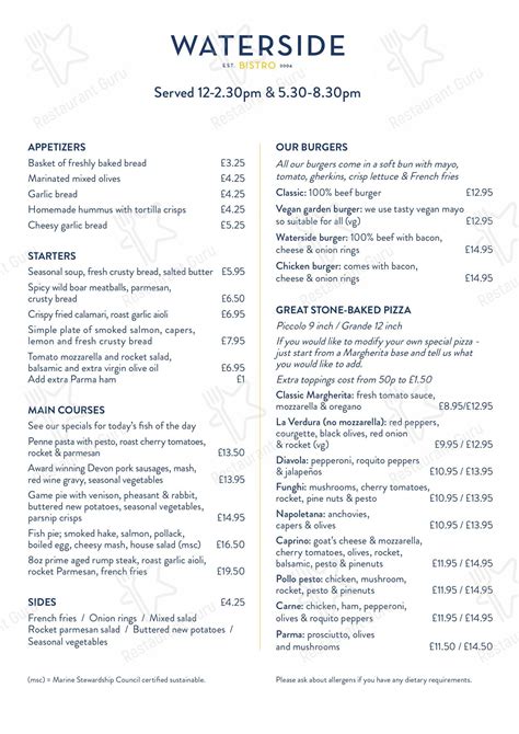 Menu At Waterside Bistro In Devon Restaurant Totnes The Plains