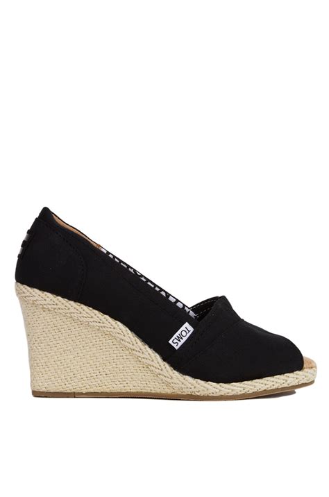 Toms Black Canvas Peep Toe Wedge Sandals In Black Lyst