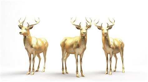 Golden Trio Of Reindeer In 3d Render On A White Background Deer Horn