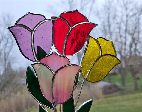 Pink Tulip Suncatcher Stained Glass Window Hanging Panel Artisan Made