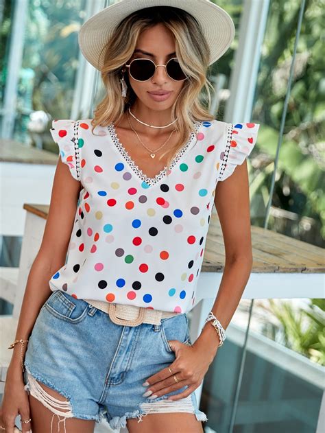 Polka Dot Print Ruffle Trim Blouse Clothes Polka Dot Print Dresses