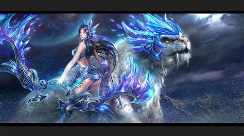 Fantasy Girl Blue White Tiger Girl Pink Moon Fantasy Game Luna