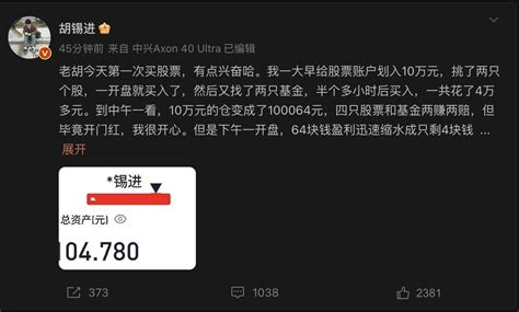 胡锡进炒股首日赚了104 78元，称以后还会加仓，网友：希望大a能一路飘红 凤凰网