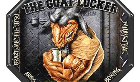 The Goatlocker Logo On A Black And Silver Background With An Image Of A